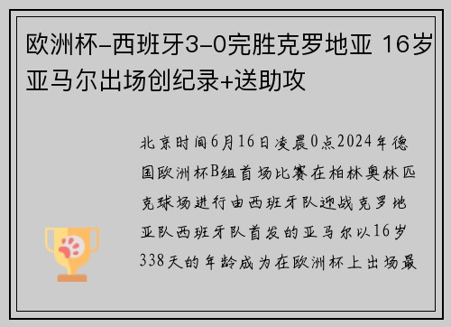 欧洲杯-西班牙3-0完胜克罗地亚 16岁亚马尔出场创纪录+送助攻